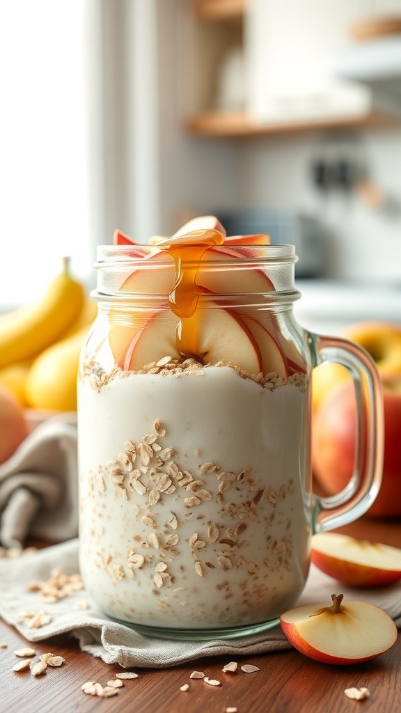 A jar of overnight oats with apple slices and honey on top, surrounded by fresh fruits.