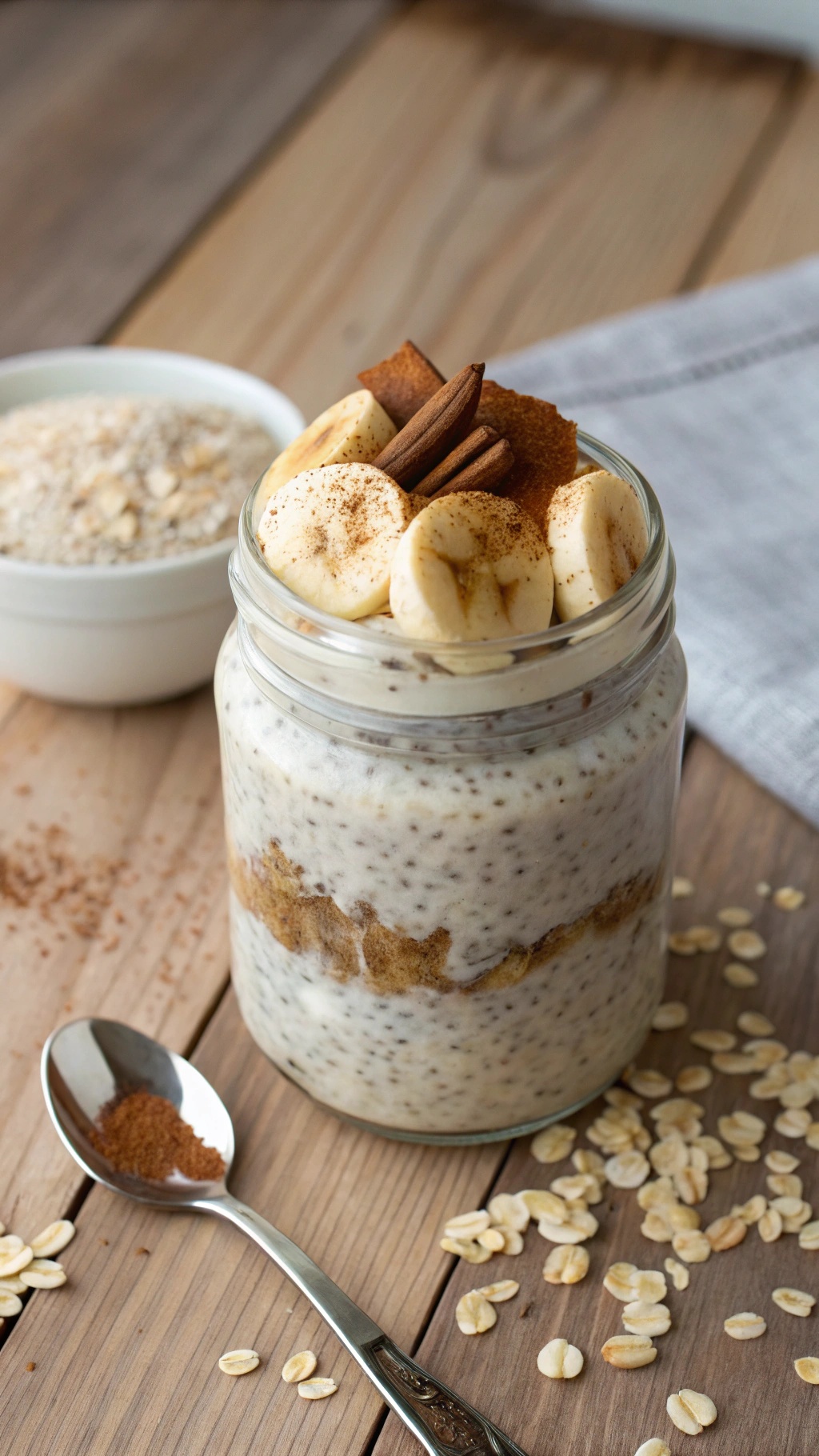 A jar of overnight oats with banana slices and cinnamon on top, surrounded by oats and a spoon.