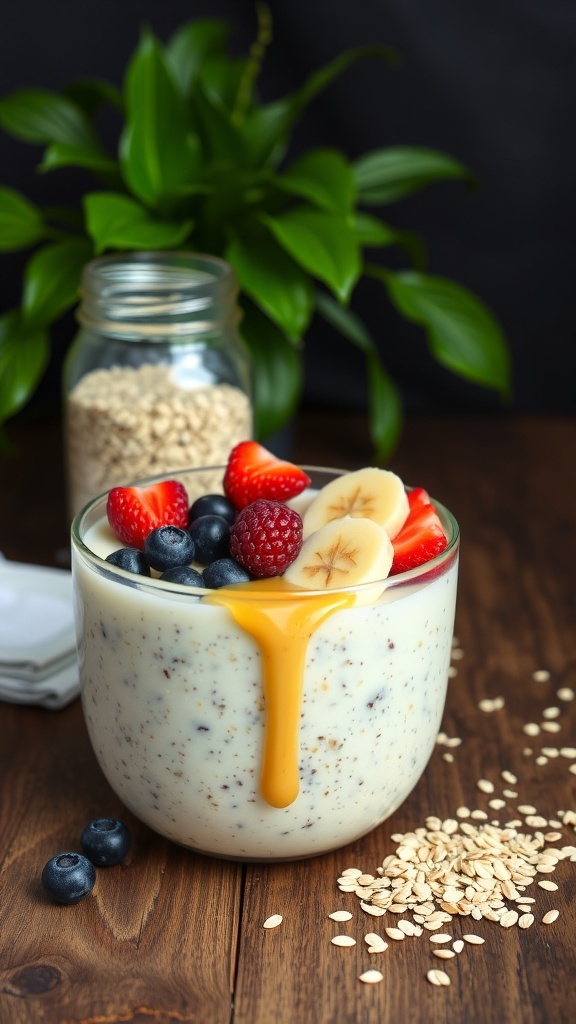 A glass of overnight oats topped with banana slices, strawberries, blueberries, and a drizzle of honey, with a jar of oats in the background.