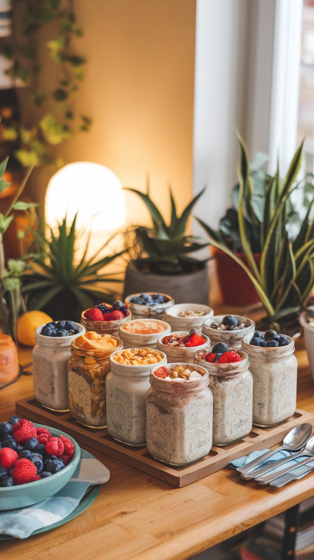 A variety of overnight oats in jars topped with fruits and nuts on a wooden table.