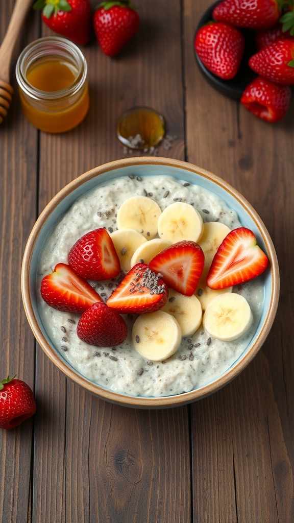 A bowl of overnight oats topped with sliced bananas and strawberries, with a jar of honey and fresh strawberries in the background.