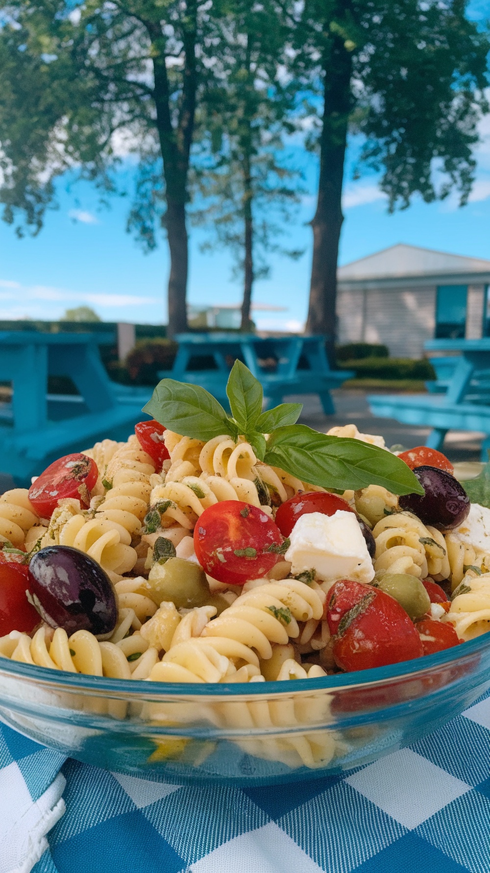 A colorful bowl of pasta salad with rotini, cherry tomatoes, olives, feta cheese, and basil.