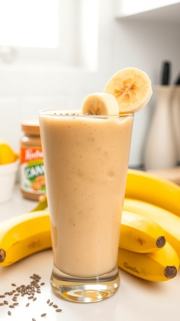 A delicious peanut butter banana smoothie in a glass, garnished with banana slices, with bananas and peanut butter in the background.