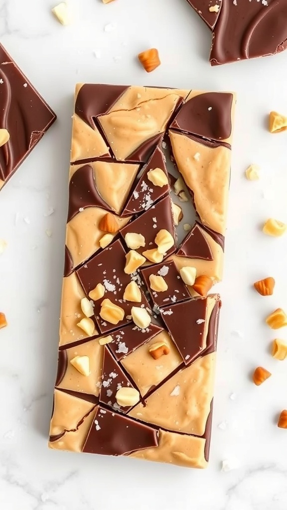 Peanut butter chocolate bark with pieces broken off, topped with nuts.