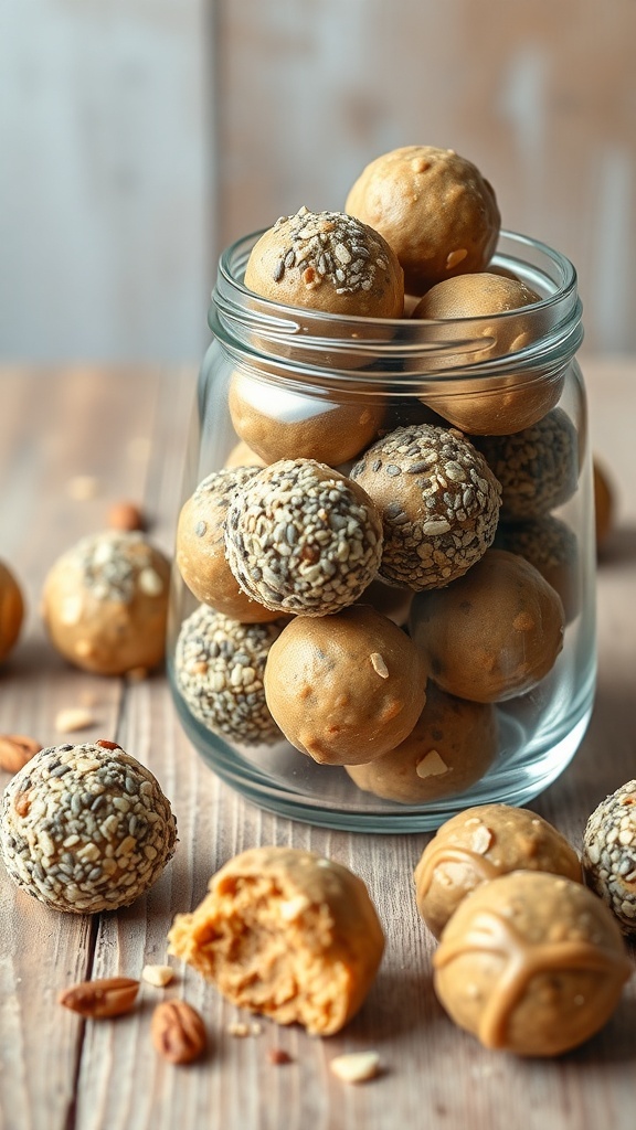 A jar filled with peanut butter energy balls, some coated in sesame seeds, on a wooden surface.