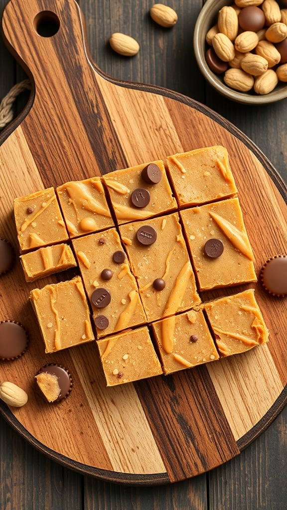 Peanut butter fudge squares topped with chocolate chips on a wooden board, surrounded by peanuts.
