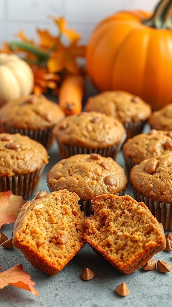 Delicious peanut butter pumpkin muffins with a pumpkin in the background.