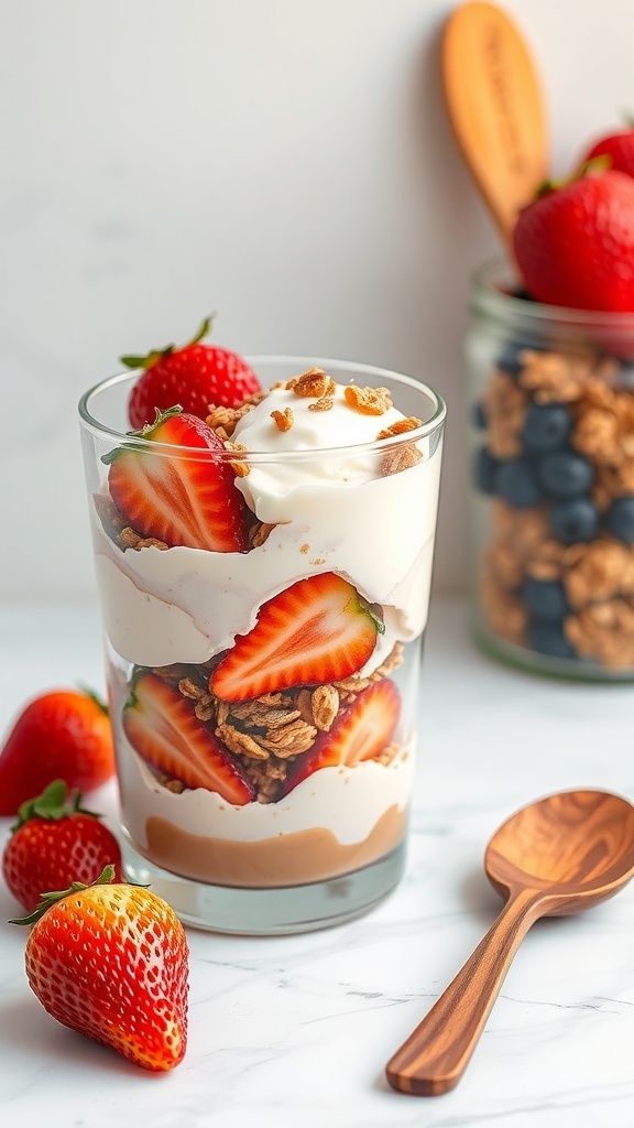 Peanut butter yogurt parfait with strawberries and granola in a glass