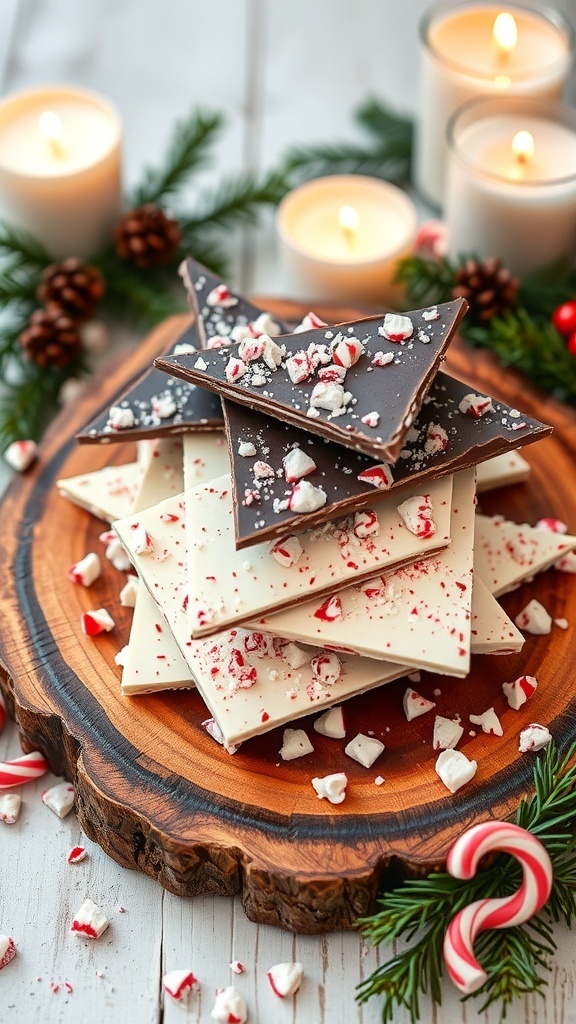 A festive display of peppermint bark on a wooden platter, surrounded by candles and pine decorations.