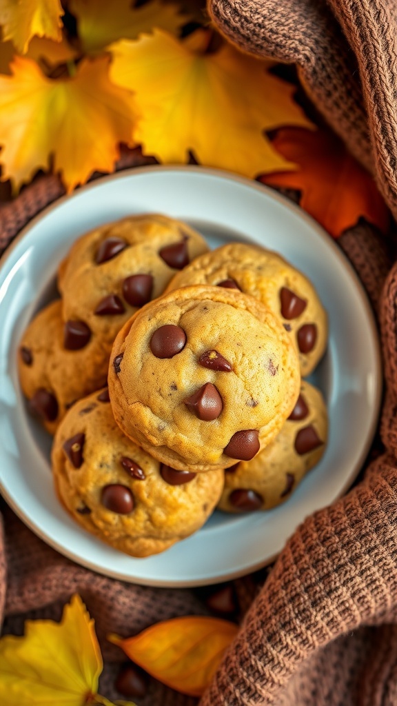 Plate of pumpkin chocolate chip cookies surrounded by autumn leaves and a cozy knit blanket