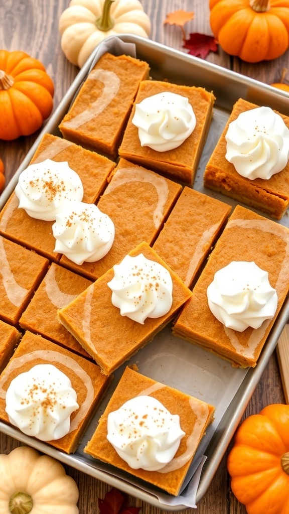 Pumpkin pie bars topped with whipped cream, surrounded by small pumpkins and autumn leaves.