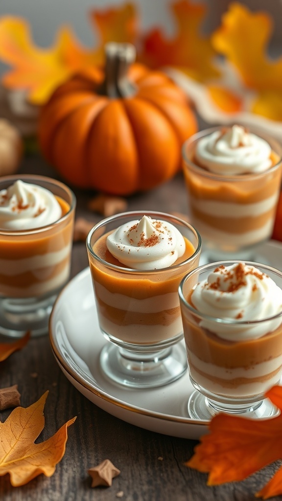 Pumpkin pie pudding cups with whipped cream and graham cracker crumbs, surrounded by autumn leaves and a pumpkin.