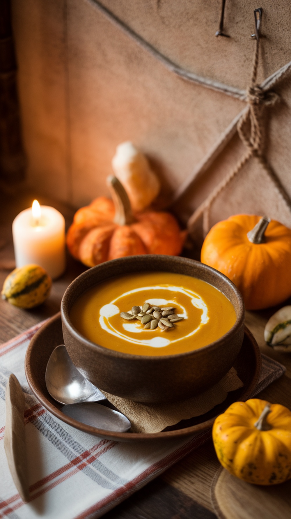 A warm bowl of pumpkin soup garnished with pumpkin seeds, surrounded by decorative pumpkins and a candle.