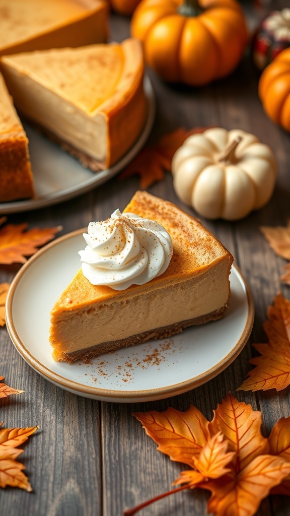 A slice of pumpkin spice cheesecake with whipped cream and cinnamon, surrounded by autumn decorations.
