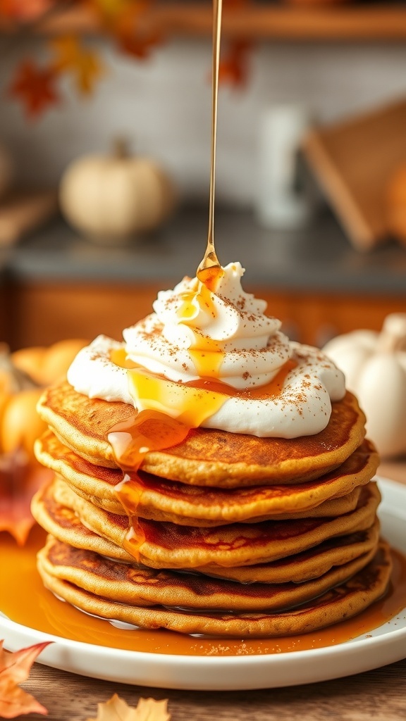 A stack of pumpkin spice pancakes topped with whipped cream and syrup, surrounded by autumn leaves and small pumpkins.