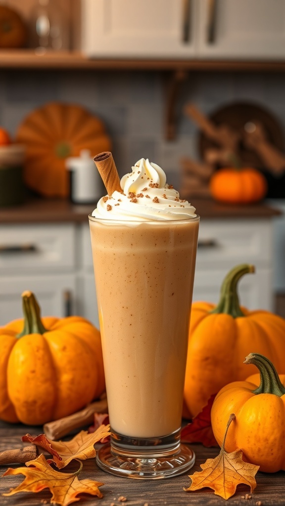 A pumpkin spice smoothie topped with whipped cream and cinnamon, surrounded by pumpkins and autumn leaves.