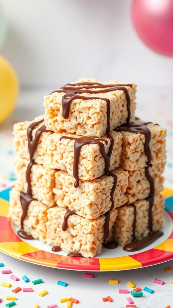 A stack of rice crispy treats drizzled with chocolate on a colorful plate, surrounded by festive sprinkles.