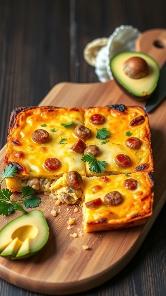 A delicious sausage and cheese egg bake served with avocado slices.