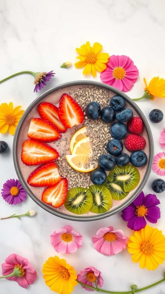 A colorful smoothie bowl topped with fresh fruits and flowers.