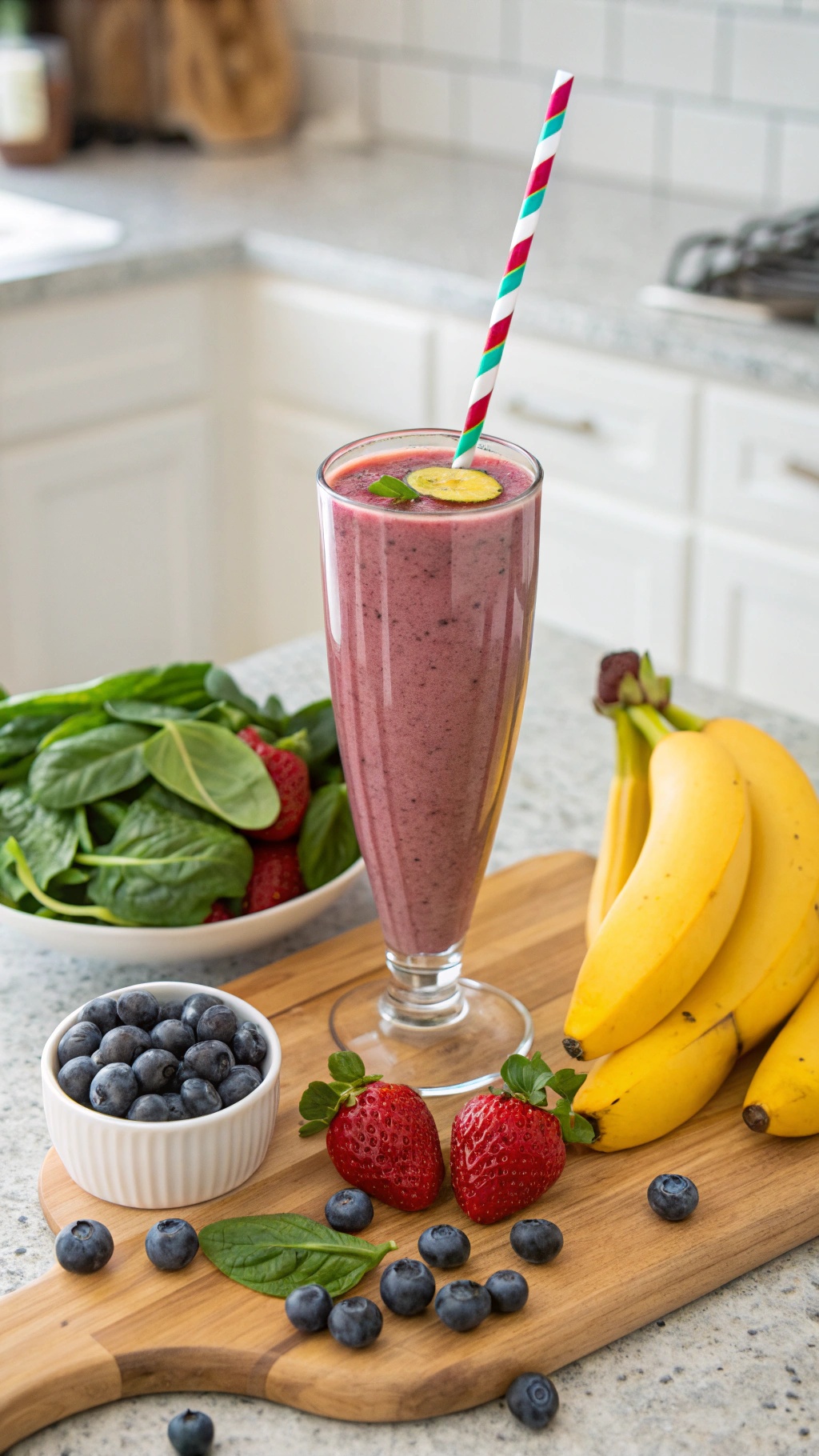 A colorful smoothie made with spinach, banana, and blueberries, garnished with apple and blueberries, set against a backdrop of fresh fruits.