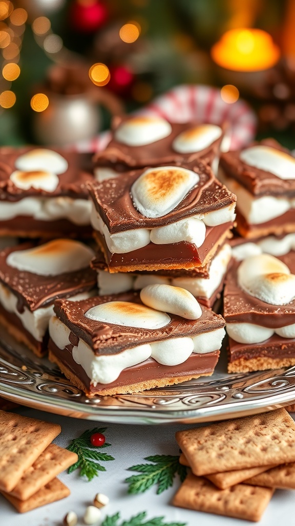 A plate of delicious s'mores bars stacked high with toasted marshmallows on top, surrounded by graham crackers.