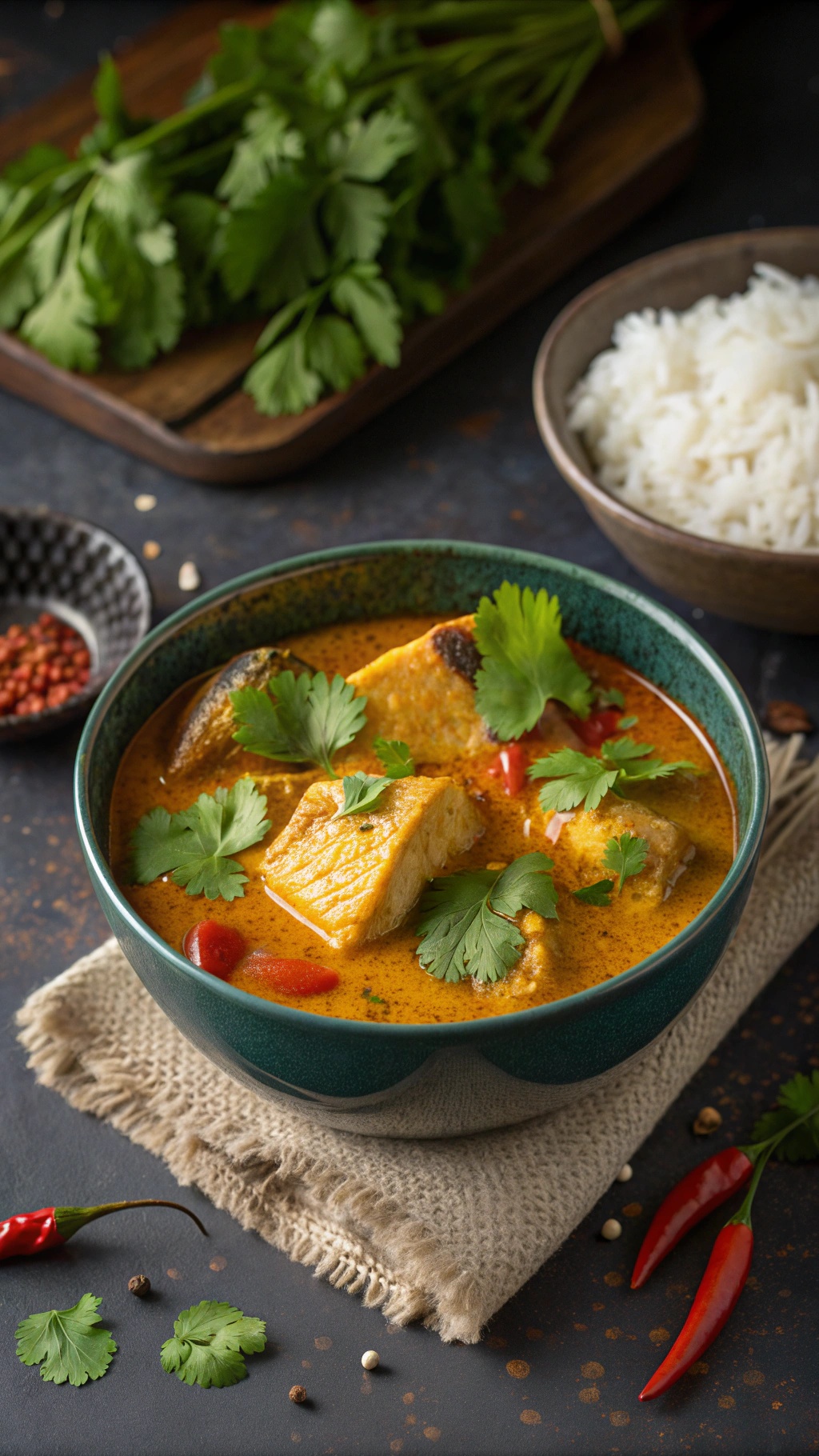 A bowl of spiced fish curry with coconut milk, garnished with cilantro, served with rice.