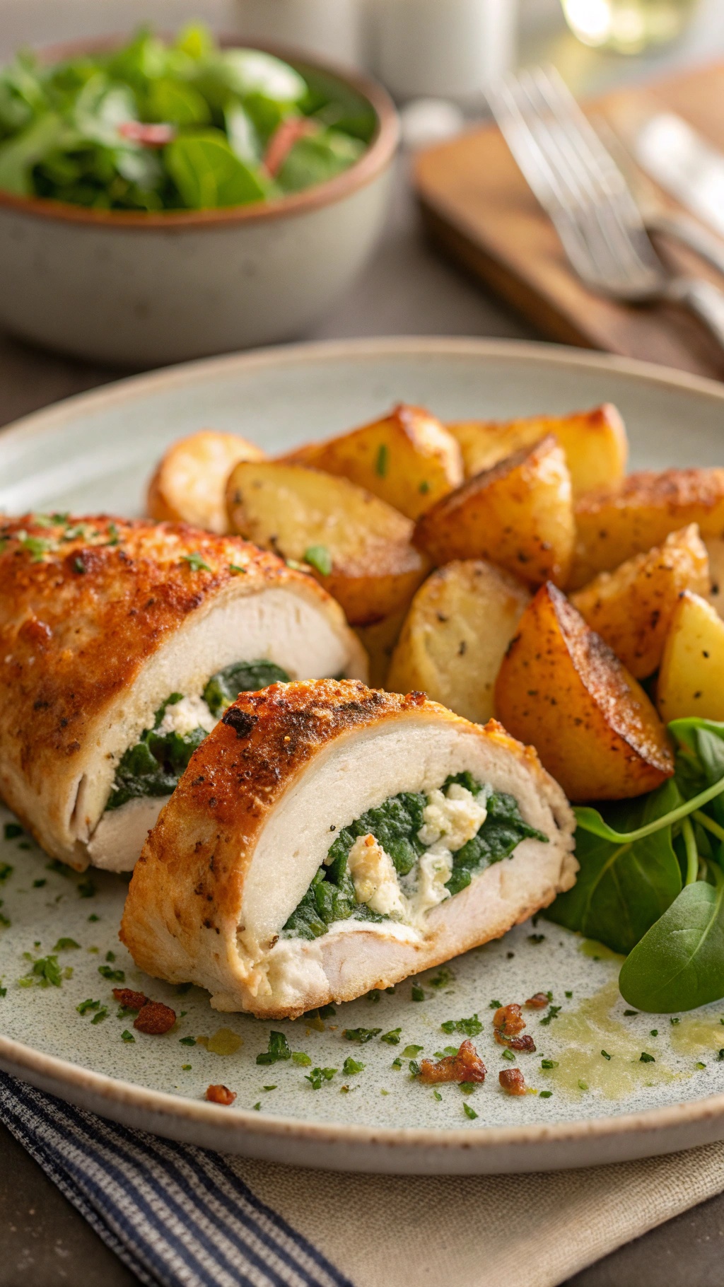 Delicious spinach and feta stuffed chicken breast with roasted potatoes and a fresh salad.