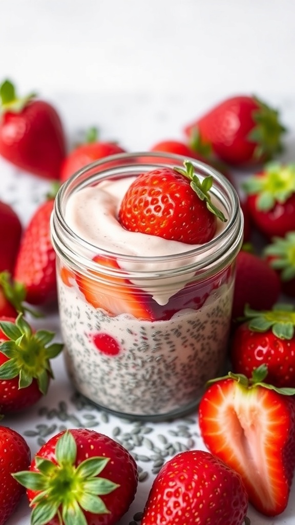 A jar of strawberry chia seed pudding surrounded by fresh strawberries