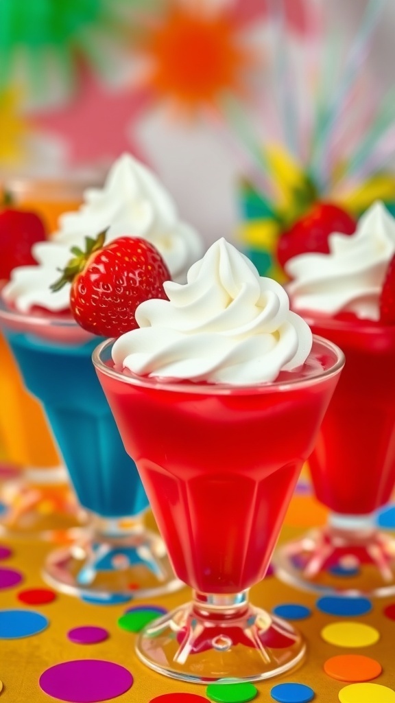 Colorful strawberry jello cups topped with whipped cream and fresh strawberries