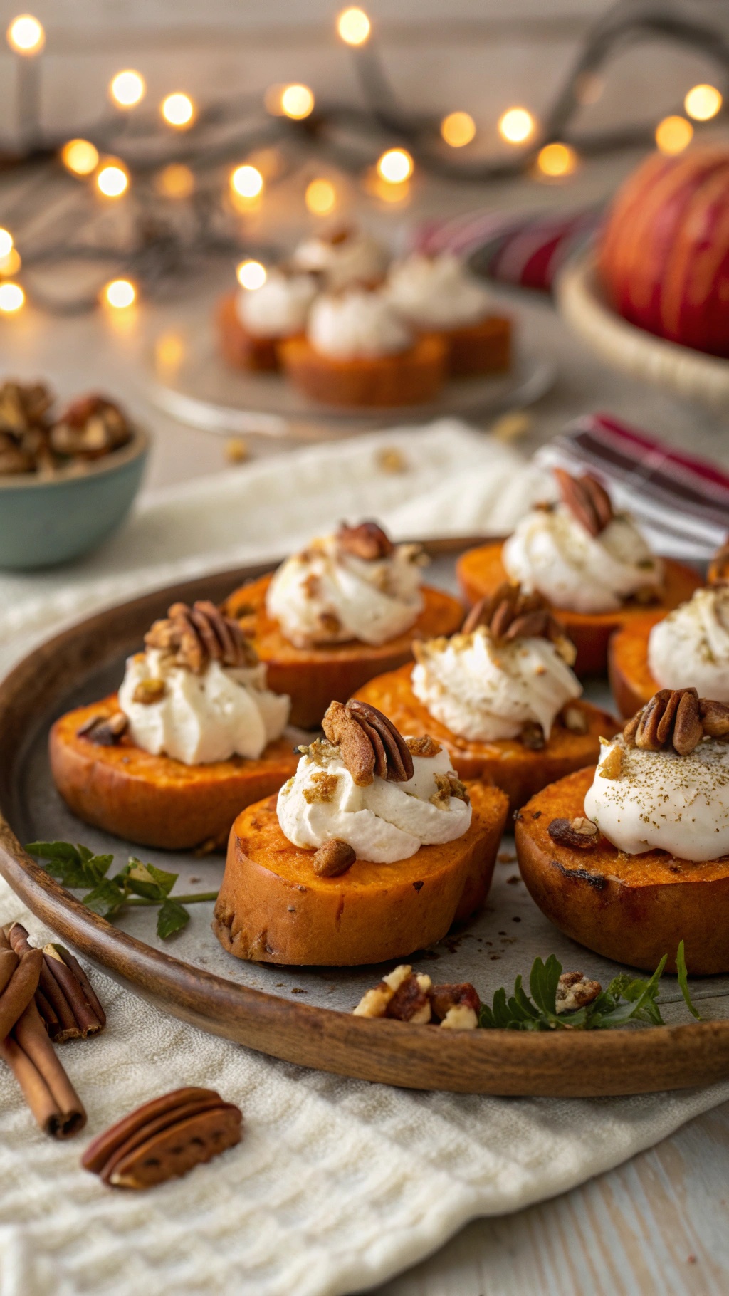 Sweet potato bites topped with marshmallow cream and pecans on a wooden platter.