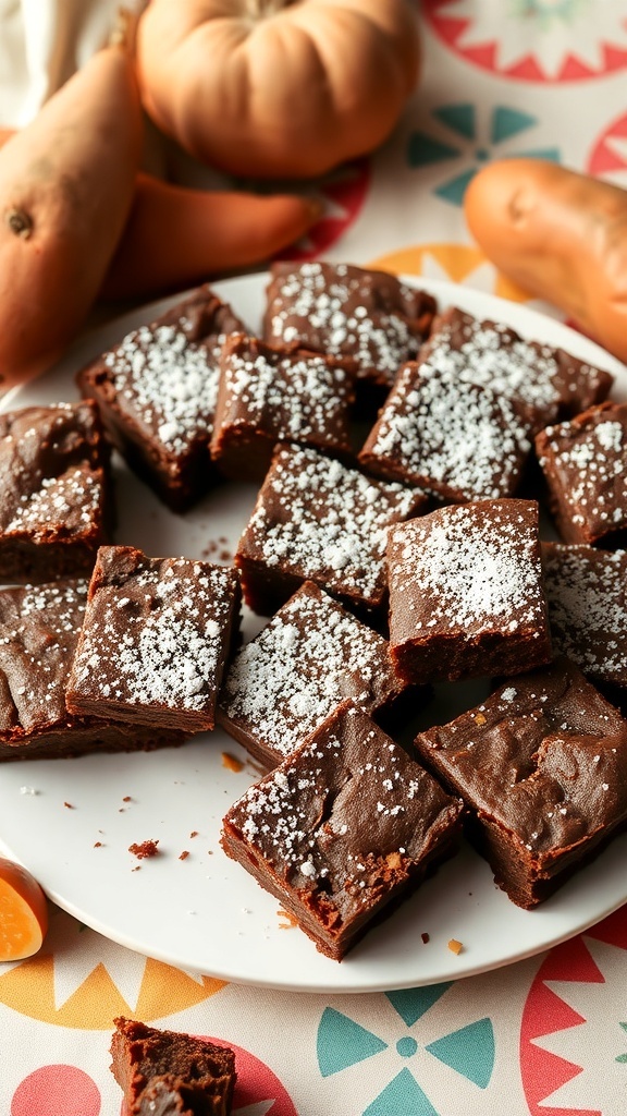 Delicious sweet potato brownies on a plate with sweet potatoes in the background.