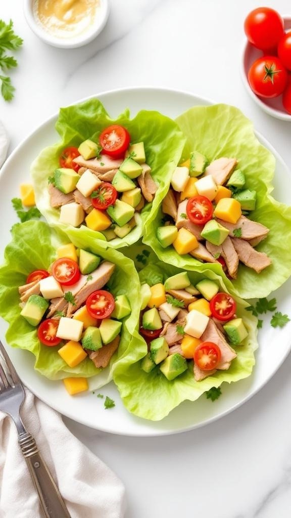 Turkey and cheese lettuce wraps with diced vegetables on a plate