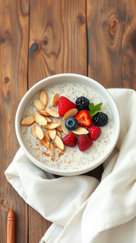 A bowl of vanilla almond chia seed pudding topped with fresh berries and sliced almonds on a wooden table.