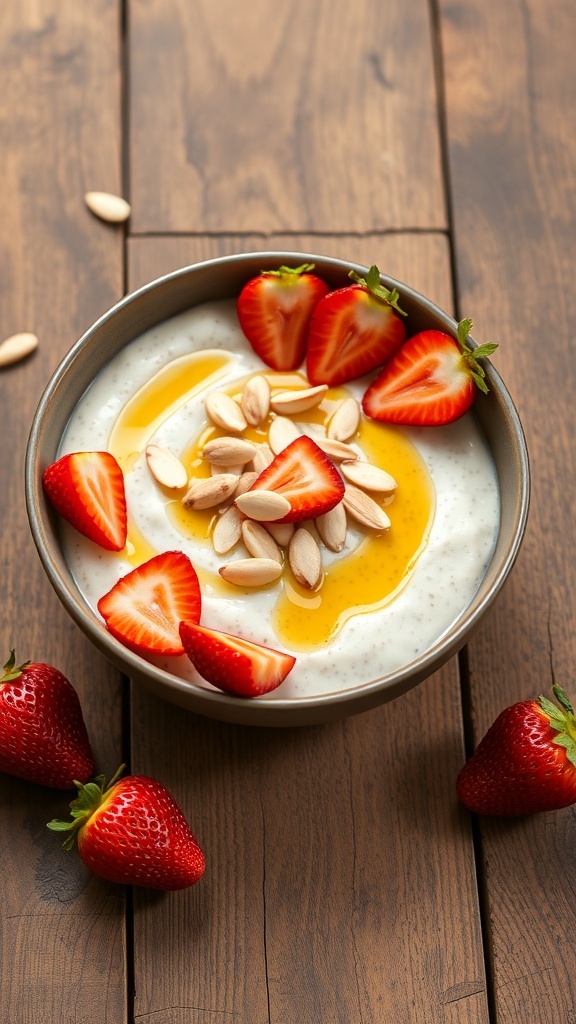 A bowl of vanilla almond chia seed pudding topped with strawberries and almonds on a wooden table.