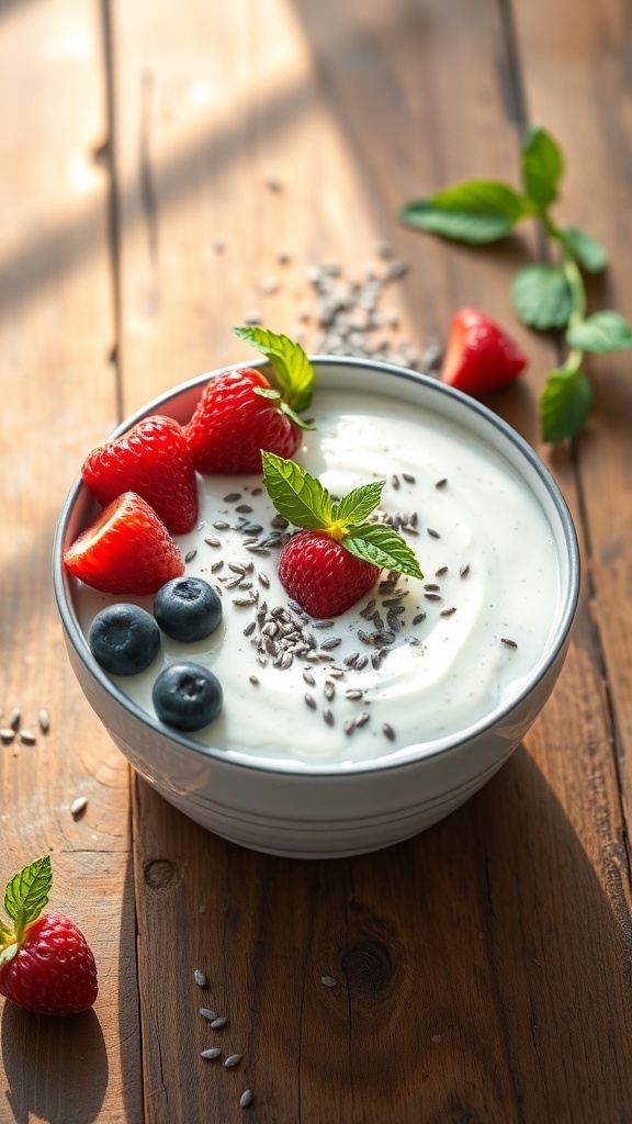 A bowl of vanilla bean chia seed pudding topped with strawberries, blueberries, and flaxseeds on a wooden table.