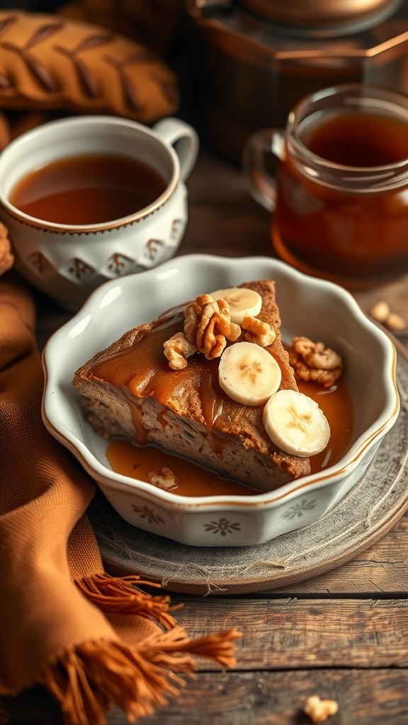 A delicious serving of vegan banana bread pudding topped with banana slices and walnuts, served with tea.