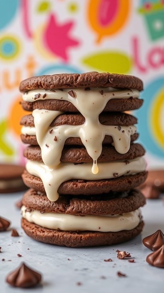 A stack of vegan ice cream sandwiches with creamy filling and chocolate cookies.