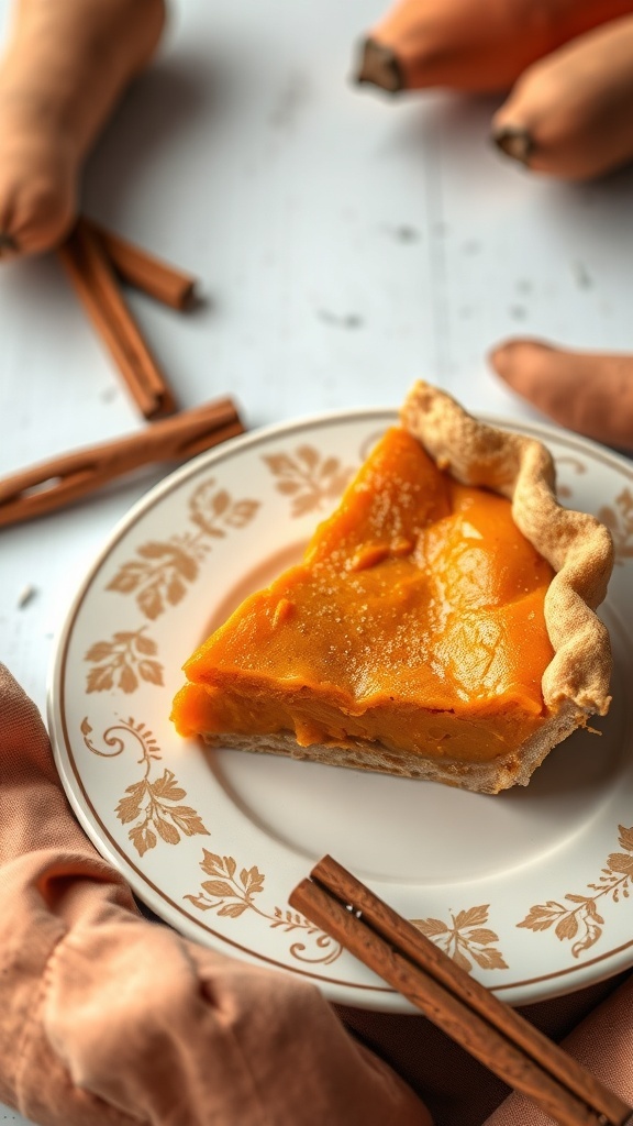 A slice of vegan sweet potato pie on a decorative plate, surrounded by sweet potatoes and cinnamon sticks.