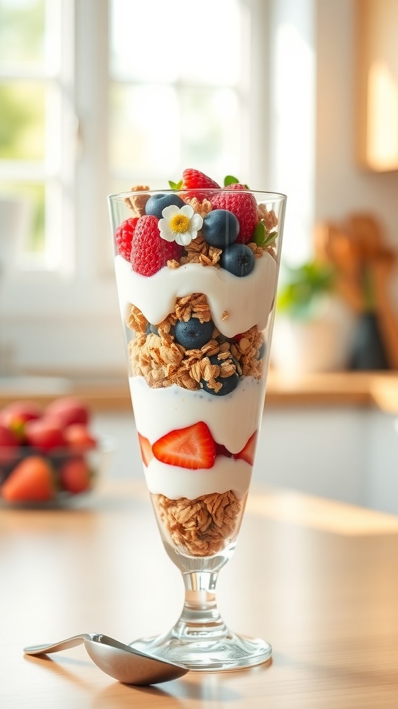 A delicious yogurt parfait with layers of granola and fresh fruits in a tall glass.