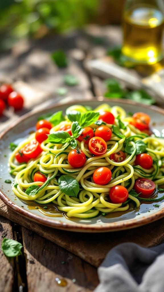 A plate of zucchini noodles topped with cherry tomatoes and basil, drizzled with olive oil.