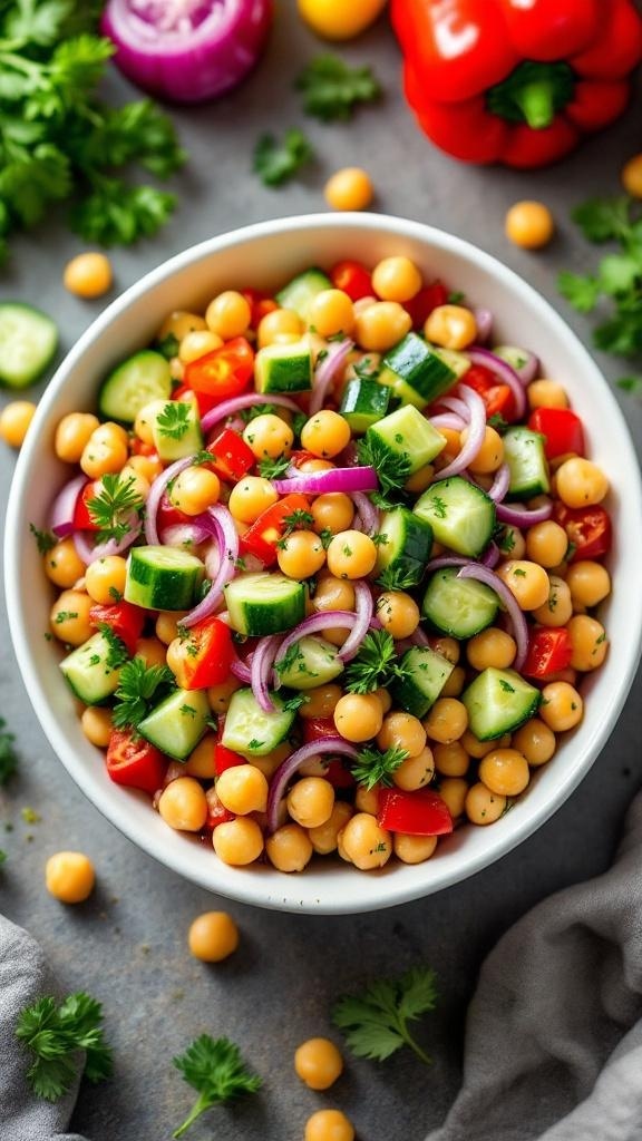 A colorful chickpea salad with cucumbers, tomatoes, and red onions in a bowl.