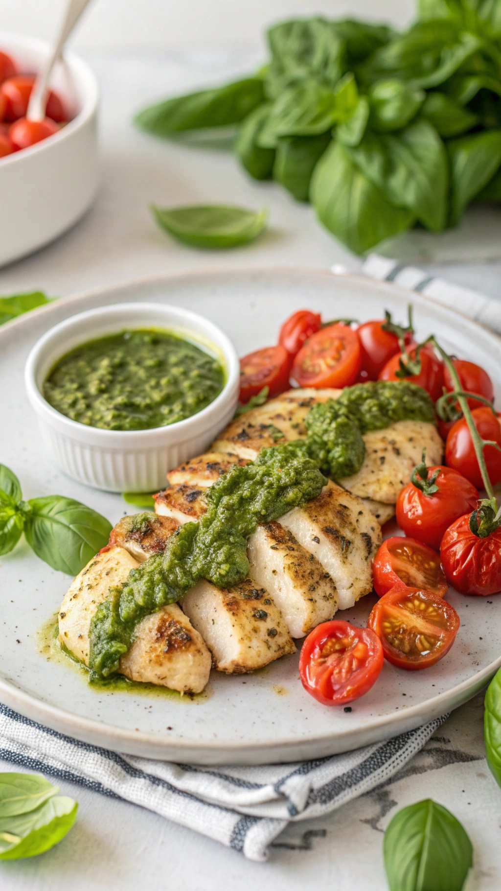 Pesto chicken breasts served with roasted tomatoes and basil