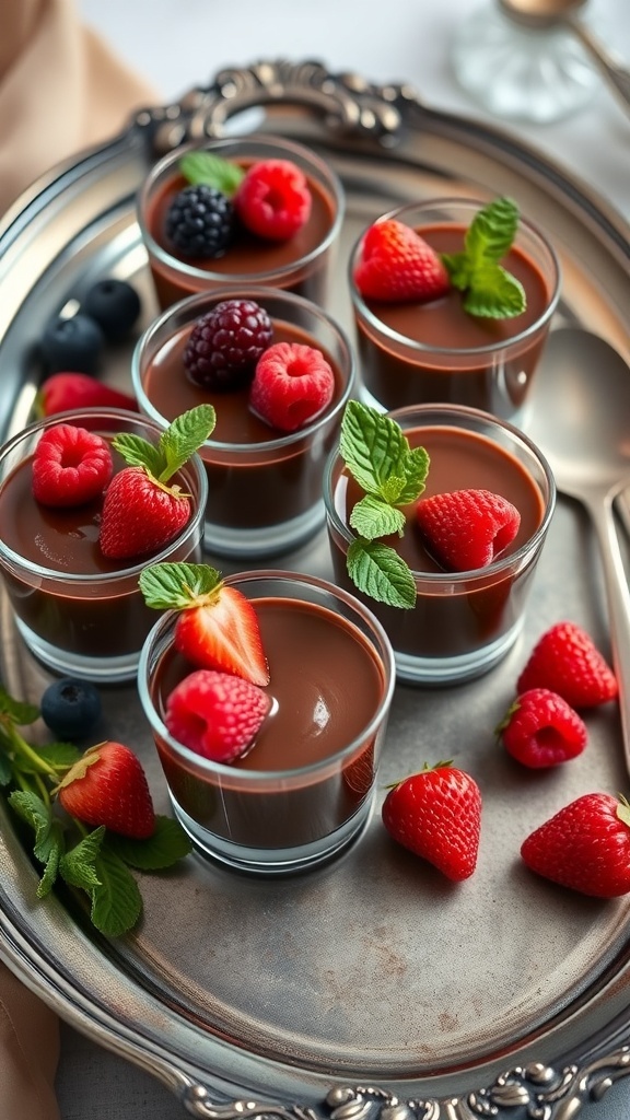 Low-carb chocolate mousse cups topped with fresh berries and mint leaves on a silver tray.
