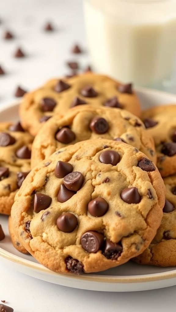 A plate of healthy chocolate chip cookies with chocolate chips melting on top, next to a glass of milk.