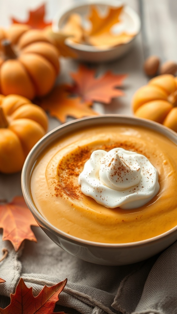 A bowl of creamy pumpkin pudding topped with whipped cream and cinnamon, surrounded by small pumpkins and autumn leaves.