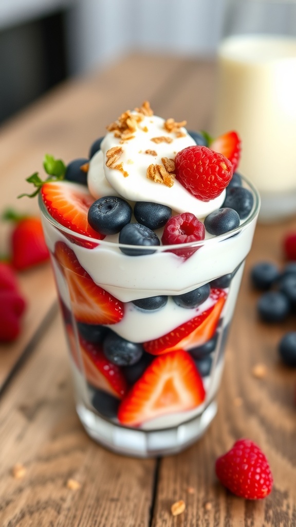 A berry parfait with layers of yogurt, strawberries, blueberries, and raspberries, garnished with mint leaves.