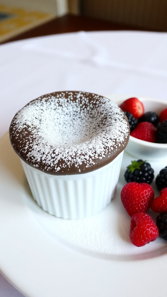 A chocolate soufflé dusted with powdered sugar, served with fresh berries on the side.