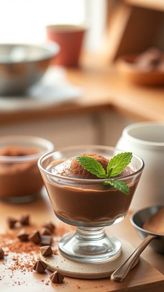 A bowl of guilt-free chocolate mousse topped with mint leaves, surrounded by chocolate chips and cocoa powder.