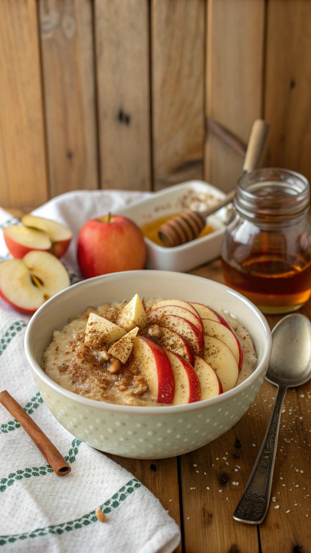 A bowl of apple cinnamon oatmeal topped with apple slices and honey, with a rustic wooden background.