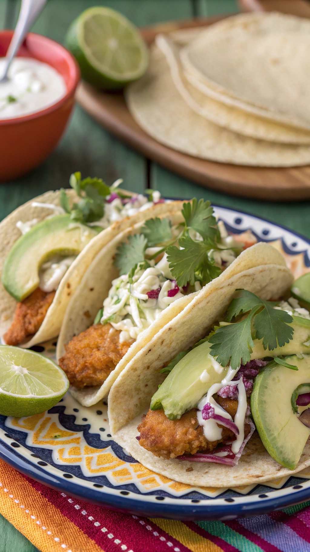 Three fish tacos topped with avocado, cilantro, and creamy sauce on a colorful plate with lime wedges.